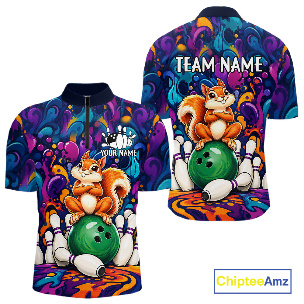 Personalized Colorful Funny Squirrel Bowling Shirt For Men, Bowling Team Jersey Polo & 1/4 Zip TDM7964