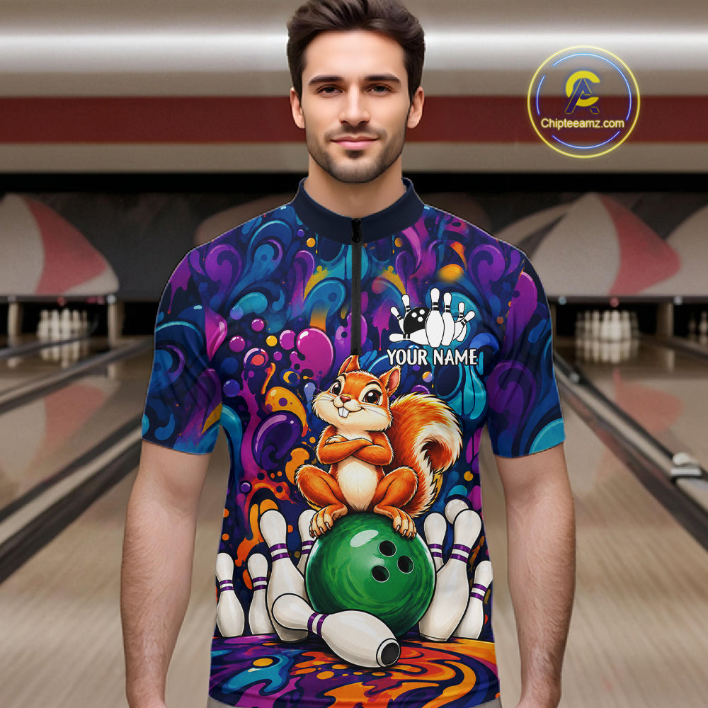 Personalized Colorful Funny Squirrel Bowling Shirt For Men, Bowling Team Jersey Polo & 1/4 Zip TDM7964