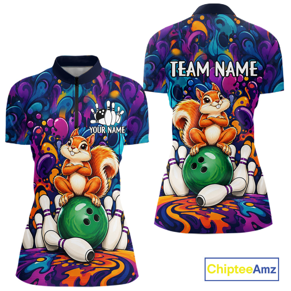 Personalized Colorful Funny Squirrel Bowling Shirt For Women, Bowling Team Jersey Polo & 1/4 Zip TDM7964