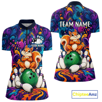 Personalized Colorful Funny Squirrel Bowling Shirt For Women, Bowling Team Jersey Polo & 1/4 Zip TDM7964