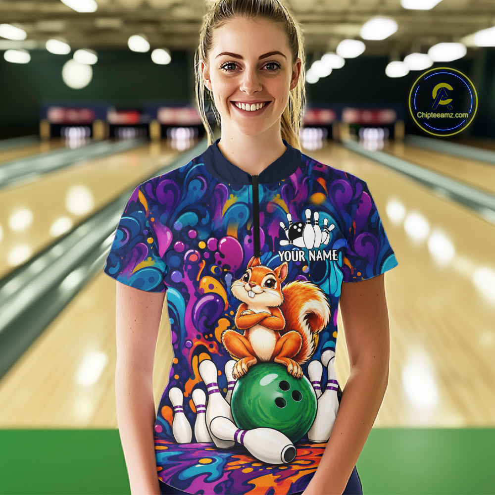 Personalized Colorful Funny Squirrel Bowling Shirt For Women, Bowling Team Jersey Polo & 1/4 Zip TDM7964