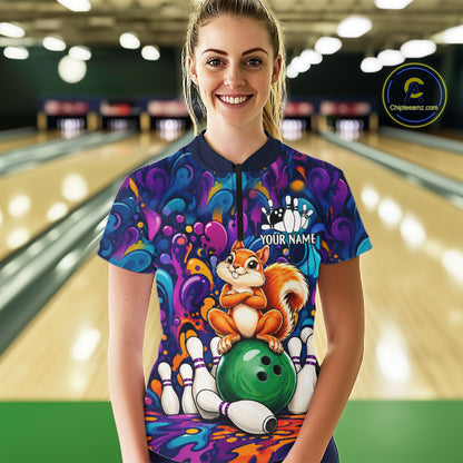 Personalized Colorful Funny Squirrel Bowling Shirt For Women, Bowling Team Jersey Polo & 1/4 Zip TDM7964