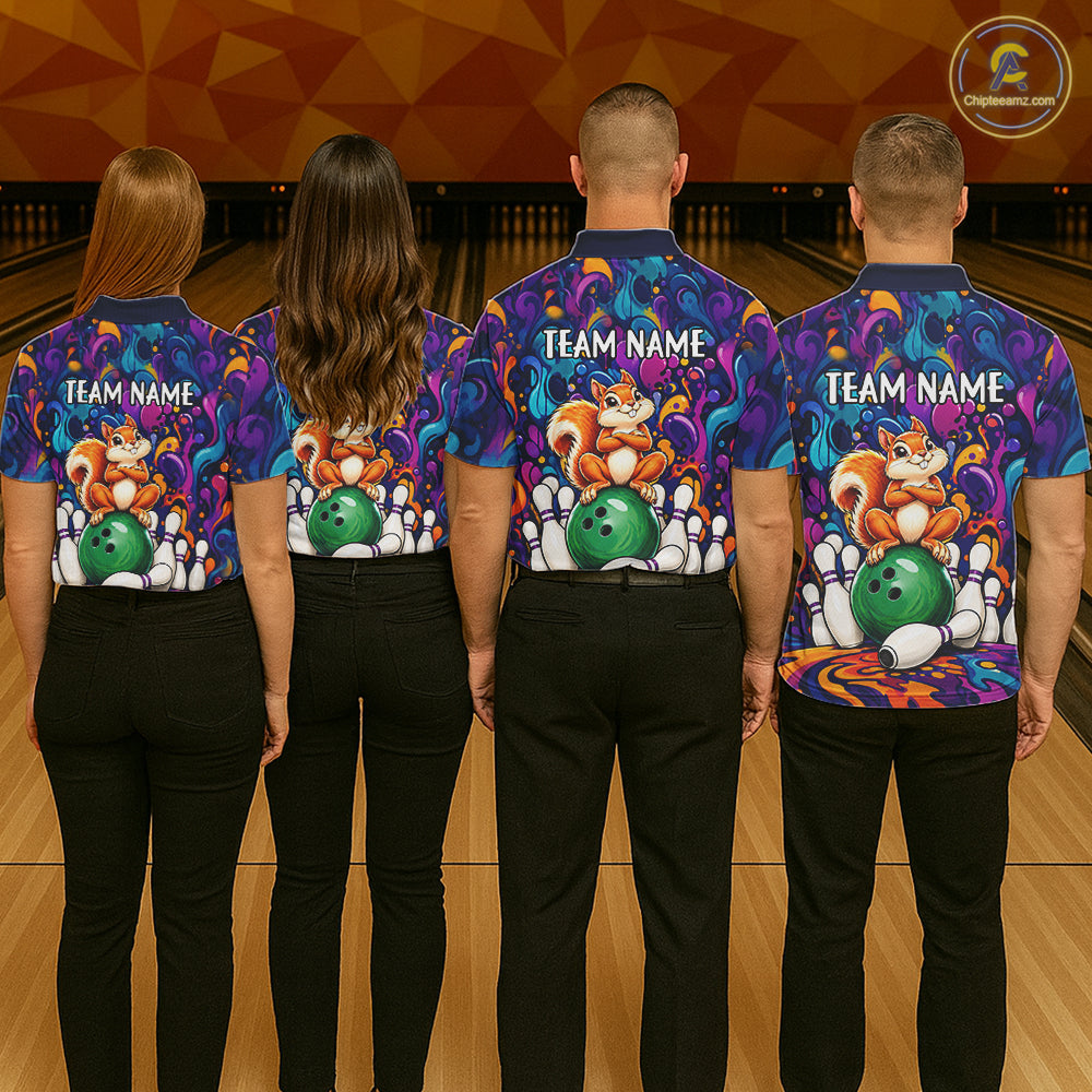 Personalized Colorful Funny Squirrel Bowling Shirt For Men, Bowling Team Jersey Polo & 1/4 Zip TDM7964