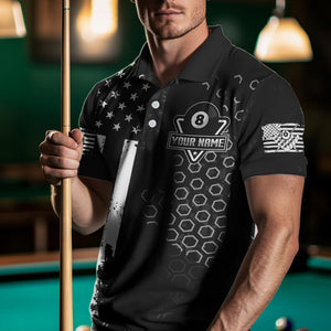 Personalized Black White American Flag Billiard Shirts For Men, Patriotic 8 Ball Billiard Jerseys TDM3476