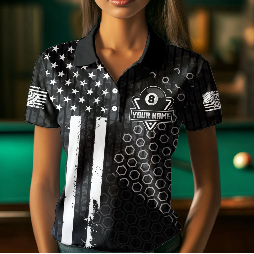 Personalized Black White American Flag Billiard Shirts For Women, Patriotic 8 Ball Billiard Jerseys TDM3476