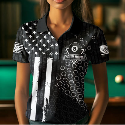 Personalized Black White American Flag Billiard Shirts For Women, Patriotic 8 Ball Billiard Jerseys TDM3476
