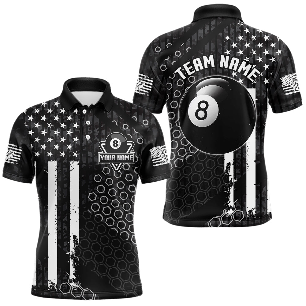 Personalized Black White American Flag Billiard Shirts For Men, Patriotic 8 Ball Billiard Jerseys TDM3476