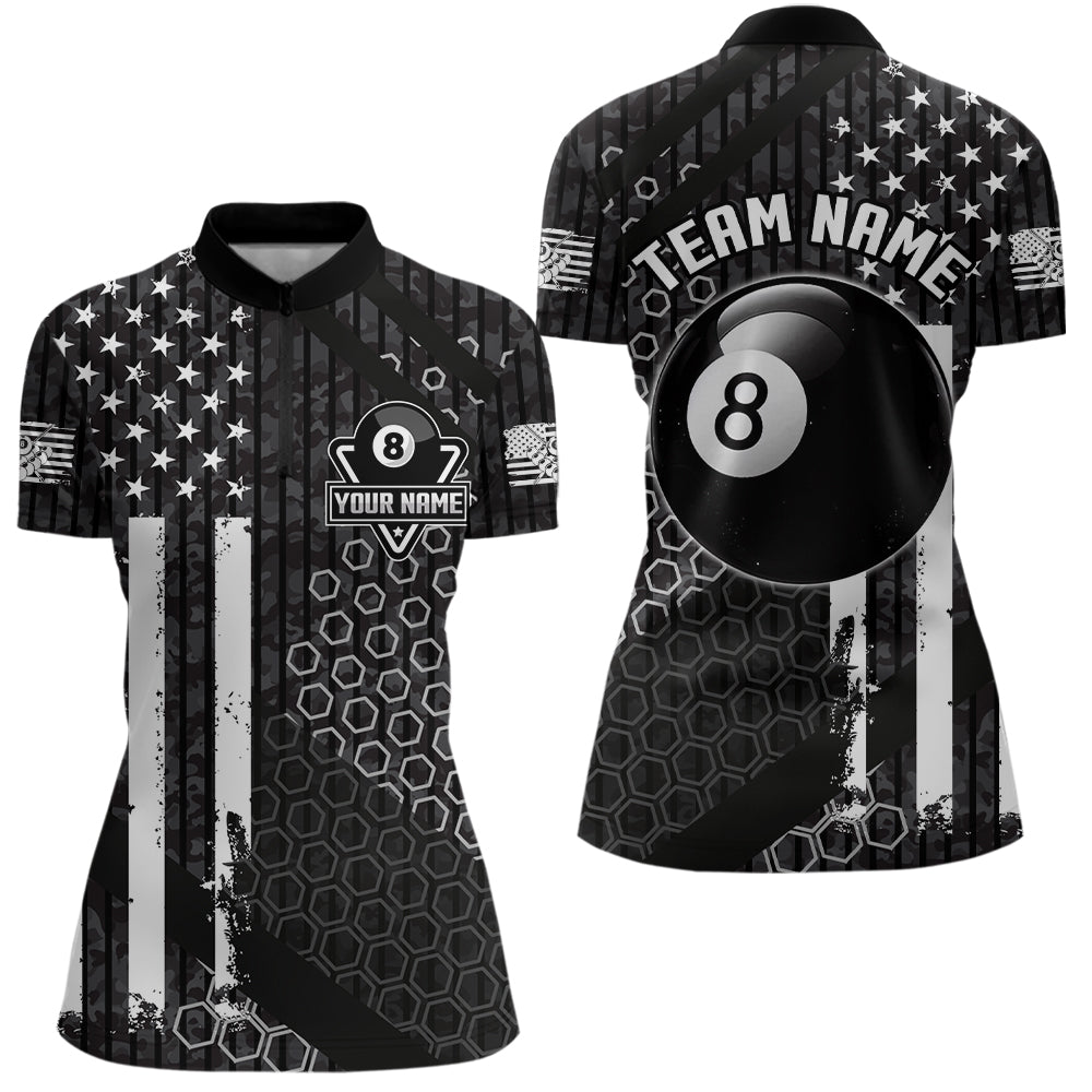 Personalized Black White American Flag Billiard Shirts For Women, Patriotic 8 Ball Billiard Jerseys TDM3476