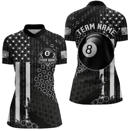 Personalized Black White American Flag Billiard Shirts For Women, Patriotic 8 Ball Billiard Jerseys TDM3476