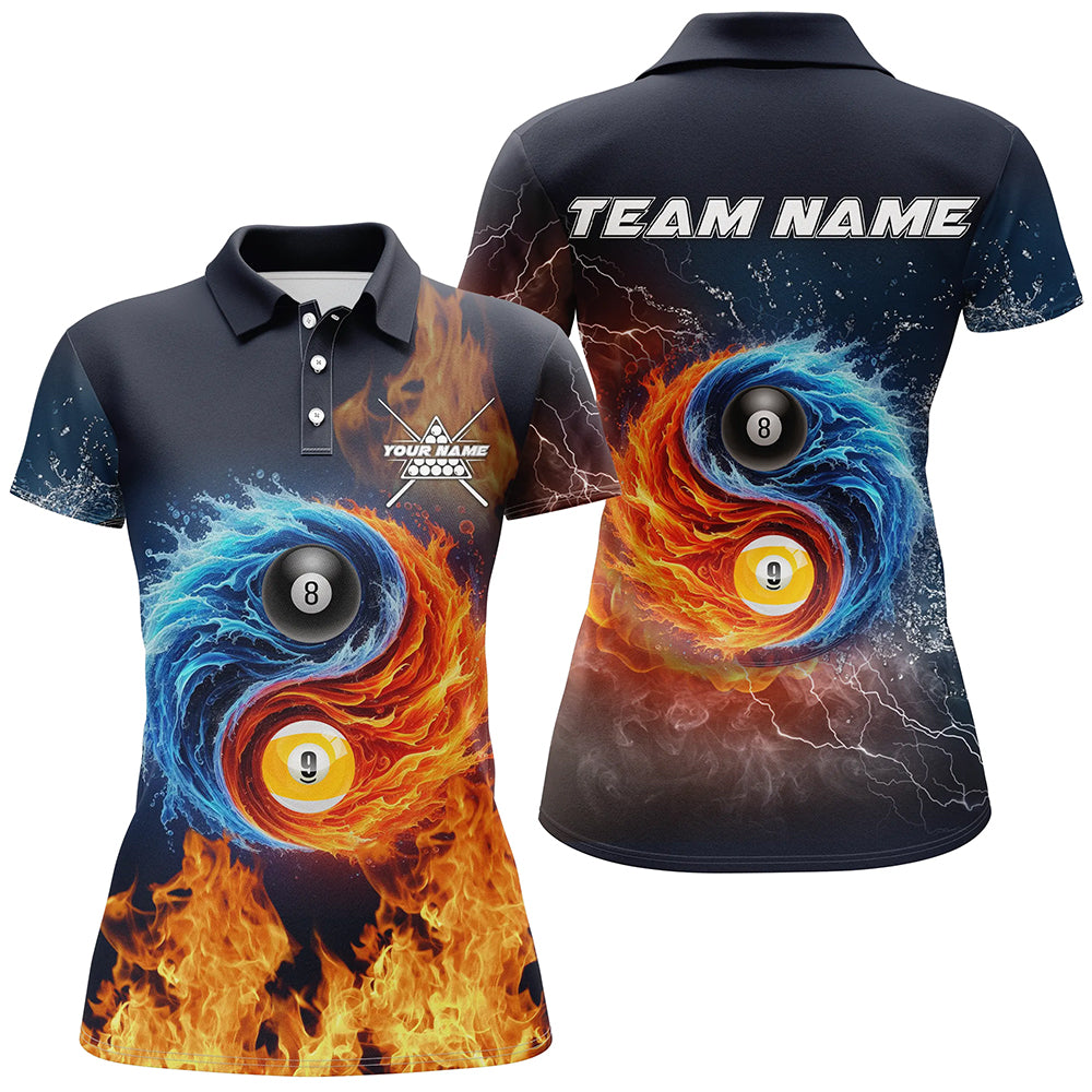 Personalized Billiard 8 Ball & 9 Ball 3D Water And Fire Women Polo Shirts, Billiard Attire Jerseys TDM1298