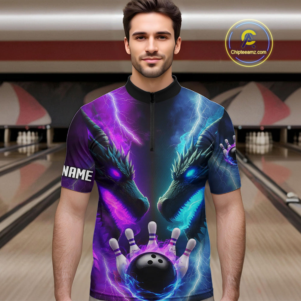 Custom Blue Purple Fire Dragon Bowling Jersey For Men Custom Lightning Bowling Shirt Polo, 1/4 Zip TDM6150