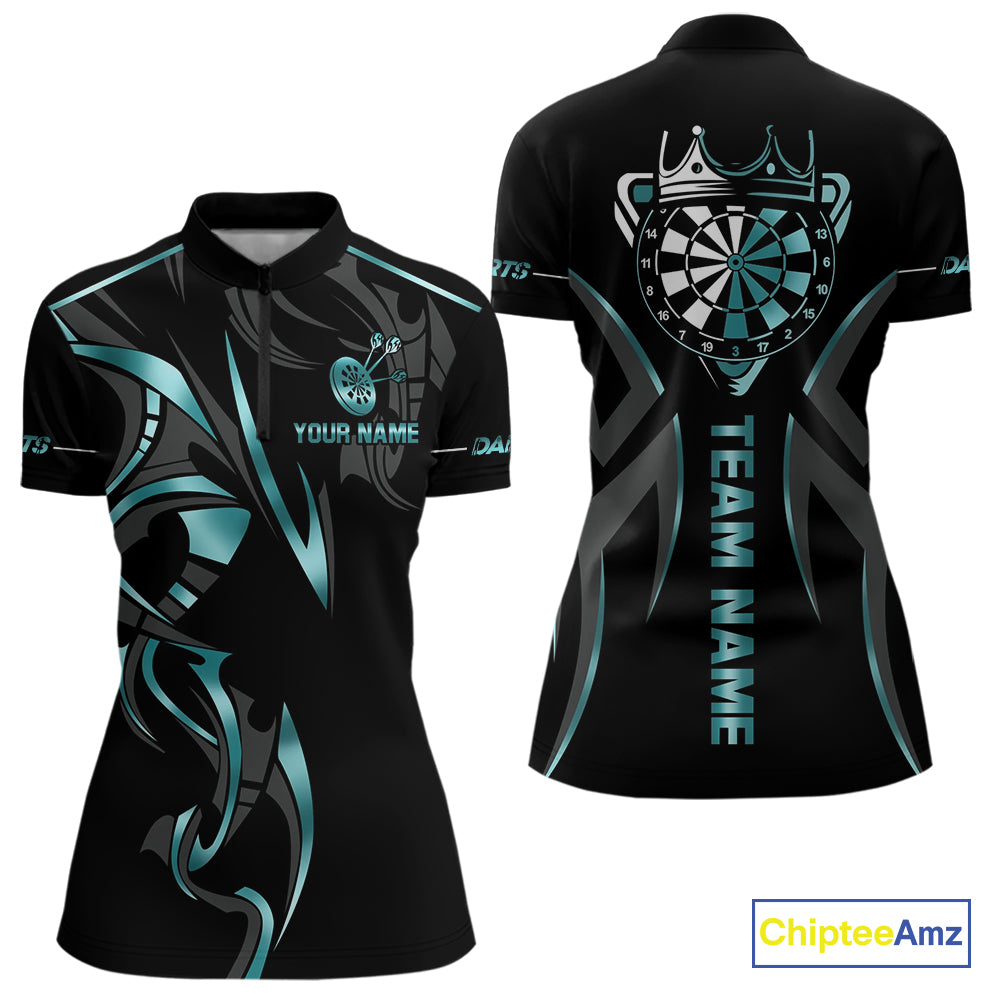 Black And Turquoise Dartboard Crown Dart Shirts For Women Custom Dart Jersey Team Polo & Quarter Zip TDM4061