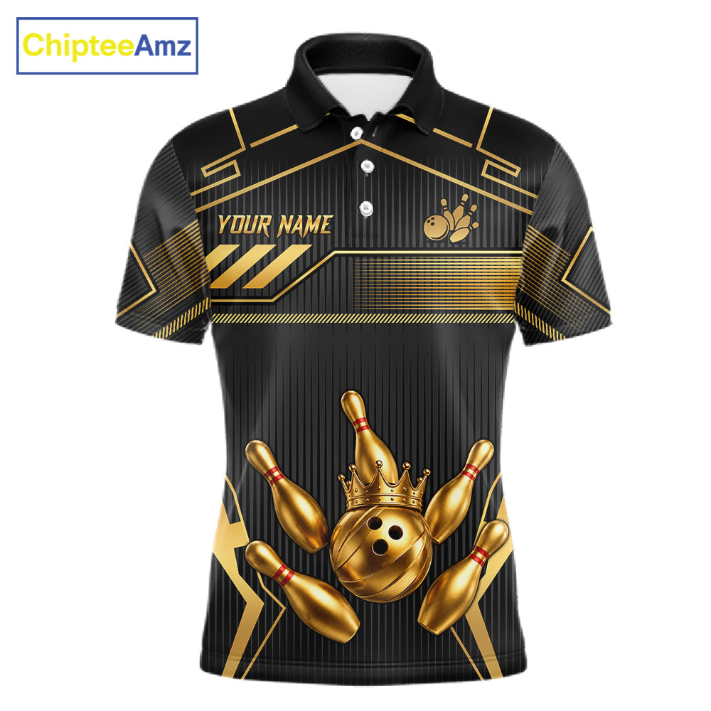 Black And Gold Custom Crown Bowling Ball Polo & Quarter Zip For Men, Bowling League Team Jersey TDM6569