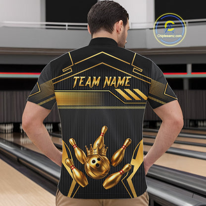 Black And Gold Custom Crown Bowling Ball Polo & Quarter Zip For Men, Bowling League Team Jersey TDM6569