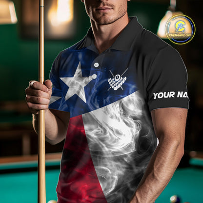 Custom Smoke Texas Flag Billiard Shirt For Men, Patriotic Billiard Team Shirt Polo & Quarter Zip TDM6585