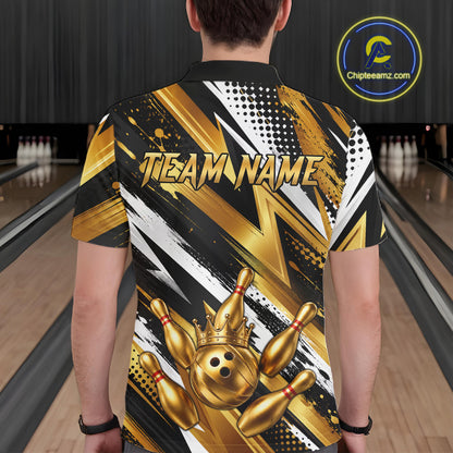Custom Black And Gold Bowling Jersey For Men, Crown Bowling Team Shirts Polo & Quarter Zip Shirts TDM6570
