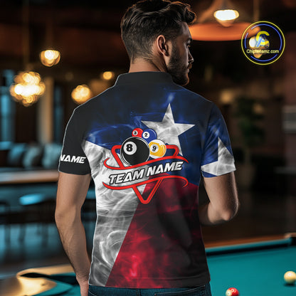 Custom Smoke Texas Flag Billiard Shirt For Men, Patriotic Billiard Team Shirt Polo & Quarter Zip TDM6585