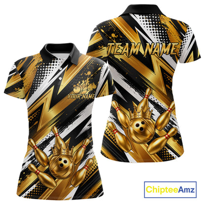 Custom Black And Gold Bowling Jersey For Women, Crown Bowling Team Shirts Polo & Quarter Zip Shirts TDM6570