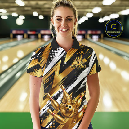 Custom Black And Gold Bowling Jersey For Women, Crown Bowling Team Shirts Polo & Quarter Zip Shirts TDM6570
