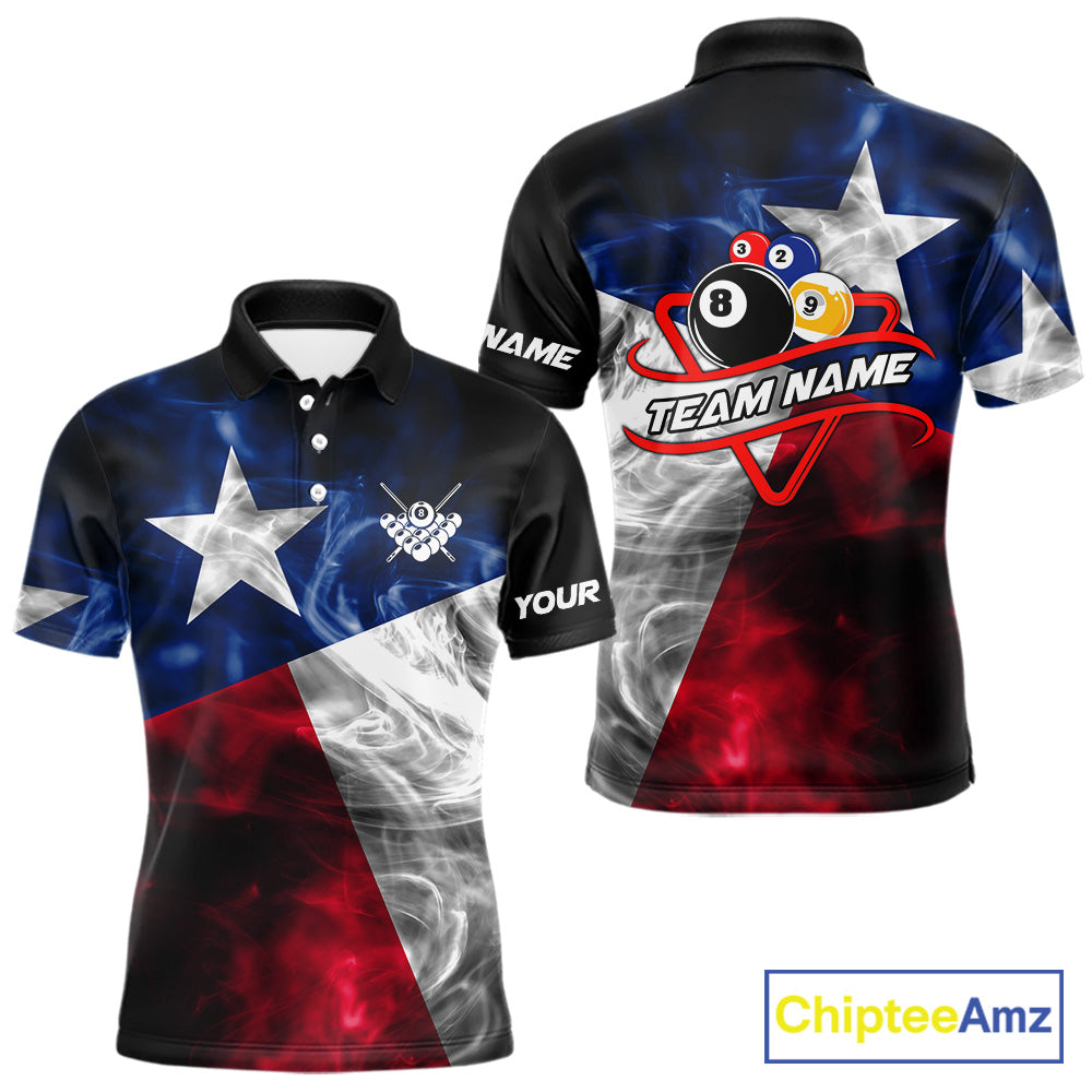 Custom Texas flag billiard polo shirt with 3D smoke design and pool triangle rack logo.