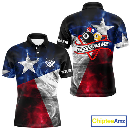Custom Texas flag billiard polo shirt with 3D smoke design and pool triangle rack logo.