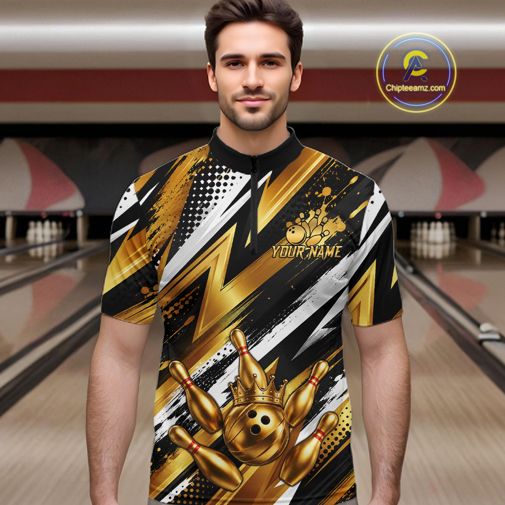 Custom Black And Gold Bowling Jersey For Men, Crown Bowling Team Shirts Polo & Quarter Zip Shirts TDM6570