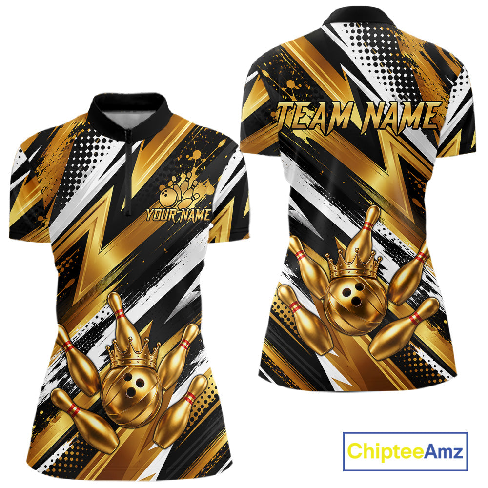 Custom Black And Gold Bowling Jersey For Women, Crown Bowling Team Shirts Polo & Quarter Zip Shirts TDM6570