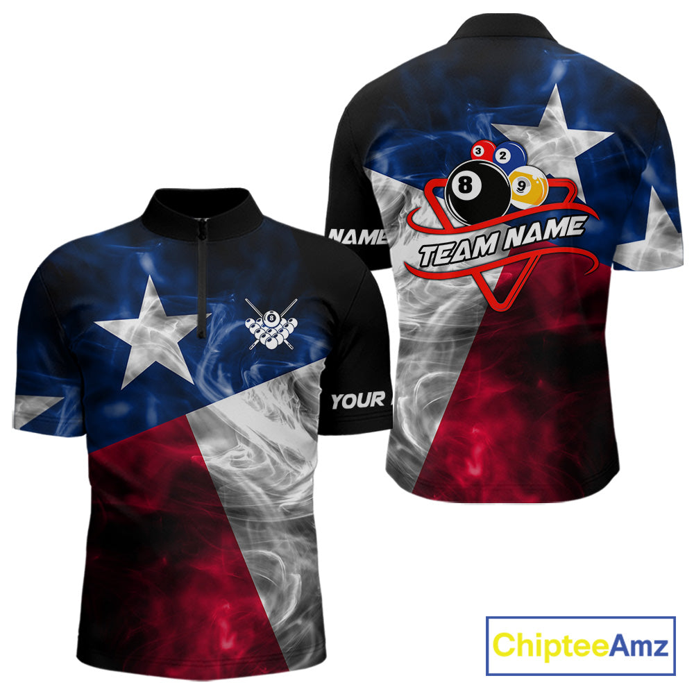 Custom Smoke Texas Flag Billiard Shirt For Men, Patriotic Billiard Team Shirt Polo & Quarter Zip TDM6585