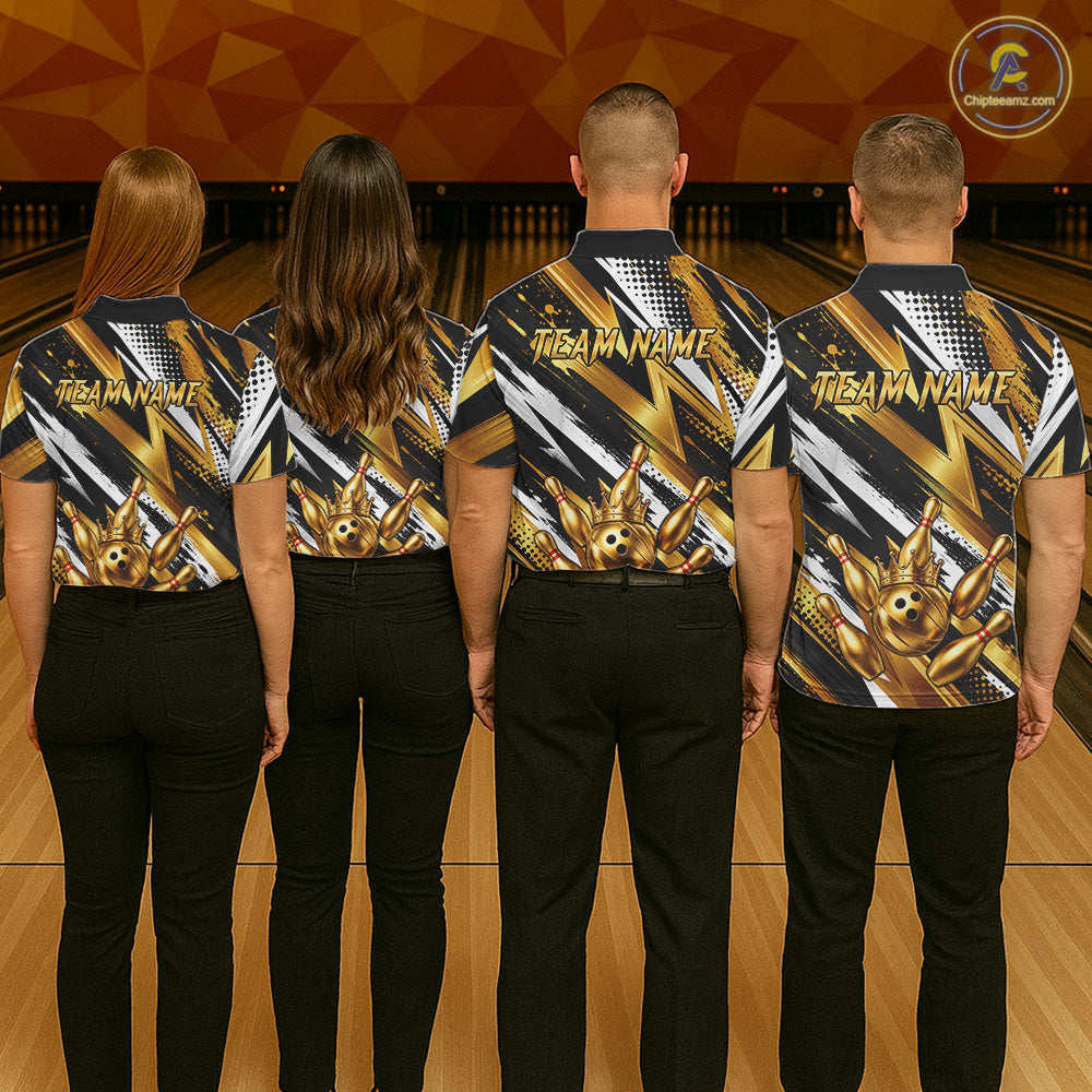 Custom Black And Gold Bowling Jersey For Women, Crown Bowling Team Shirts Polo & Quarter Zip Shirts TDM6570