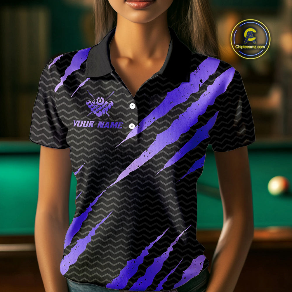 Black And Purple Scratch Billiard Shirt For Women Custom 8 Ball Crown Pool Team Jersey Polo, 1/4 Zip TDM4240