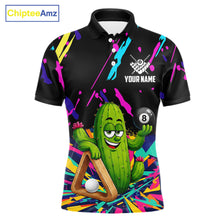 Load image into Gallery viewer, Colorful cactus 8 ball billiard polo shirt for men with custom pool team graphics.