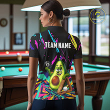 Load image into Gallery viewer, Back view of woman wearing a colorful avocado 8 ball pool shirt in a billiards hall.