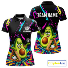 Load image into Gallery viewer, Colorful avocado 8 ball billiard polo shirt for women with custom pool team graphics.