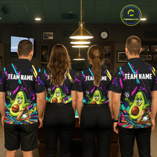 Load image into Gallery viewer, Back view of pool players wearing matching colorful avocado billiard shirts in a game room.