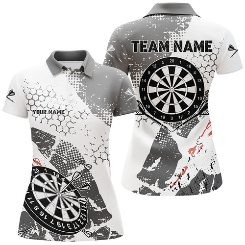 Retro Grey White Pattern Custom Darts Polo & Quarter-Zip Shirts For Women, Grunge Darts Team Jerseys TDM2562