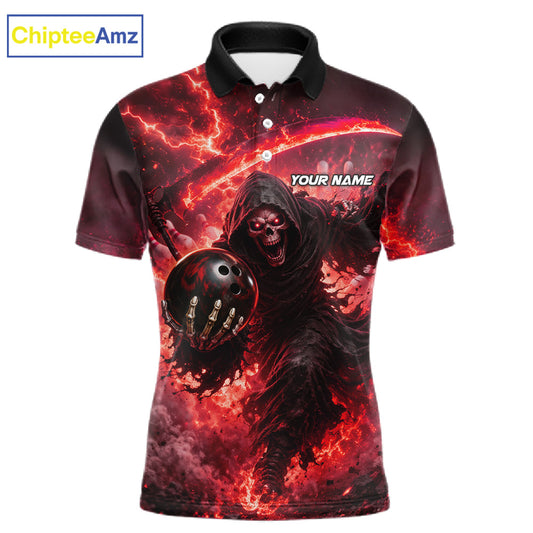 Red Grim Reaper Fire Smoke Bowling Jersey For Men Custom Bowling Team Shirt Polo & 1/4 Zip TDM7625