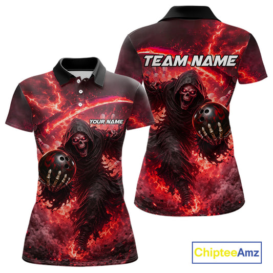 Red Grim Reaper Fire Smoke Bowling Jersey For Women Custom Bowling Team Shirt Polo & 1/4 Zip TDM7625
