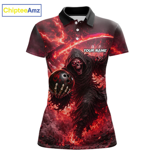 Red Grim Reaper Fire Smoke Bowling Jersey For Women Custom Bowling Team Shirt Polo & 1/4 Zip TDM7625