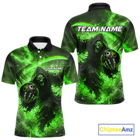 Green Grim Reaper Fire Smoke Bowling Jersey For Men Custom Bowling Team Shirt Polo & 1/4 Zip TDM7626