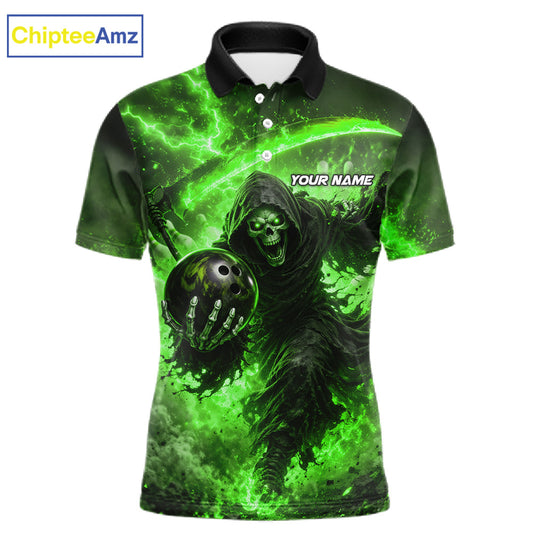Green Grim Reaper Fire Smoke Bowling Jersey For Men Custom Bowling Team Shirt Polo & 1/4 Zip TDM7626