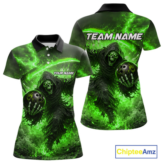 Green Grim Reaper Fire Smoke Bowling Jersey For Women Custom Bowling Team Shirt Polo & 1/4 Zip TDM7626
