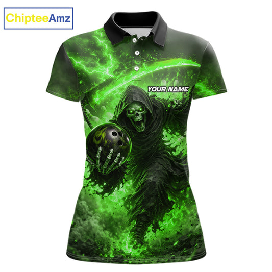 Green Grim Reaper Fire Smoke Bowling Jersey For Women Custom Bowling Team Shirt Polo & 1/4 Zip TDM7626