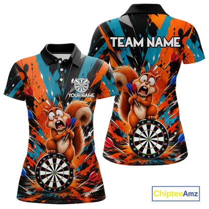 Orange And Turquoise Funny Squirrel Darts Shirts For Women Custom Darts Team Jersey Polo & 1/4 Zip TDM7970
