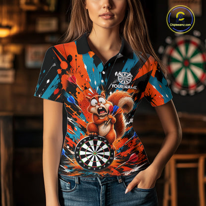 Orange And Turquoise Funny Squirrel Darts Shirts For Women Custom Darts Team Jersey Polo & 1/4 Zip TDM7970