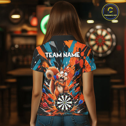 Orange And Turquoise Funny Squirrel Darts Shirts For Women Custom Darts Team Jersey Polo & 1/4 Zip TDM7970