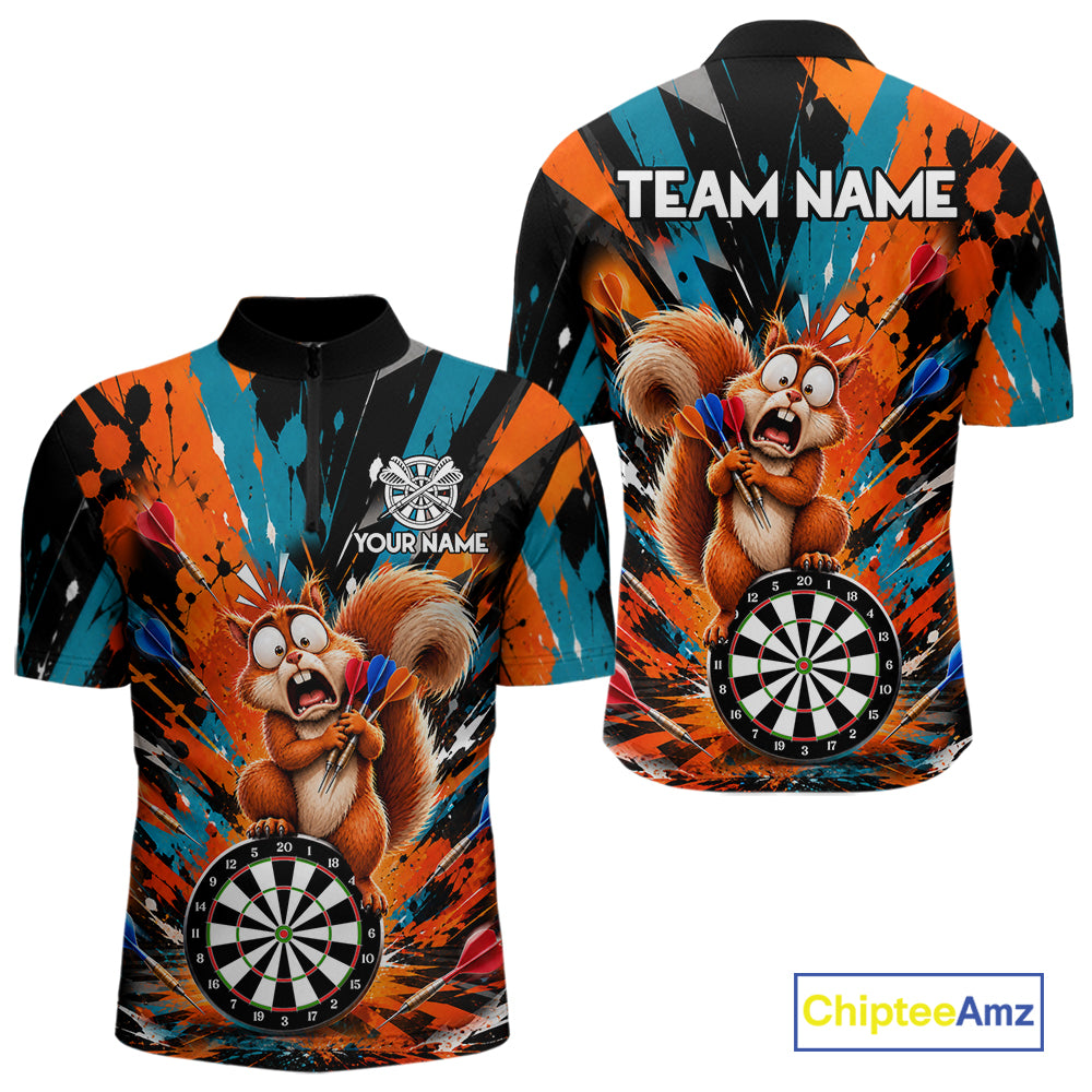 Orange And Turquoise Funny Squirrel Darts Shirts For Men Custom Darts Team Jersey Polo & 1/4 Zip TDM7970