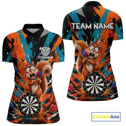 Orange And Turquoise Funny Squirrel Darts Shirts For Women Custom Darts Team Jersey Polo & 1/4 Zip TDM7970