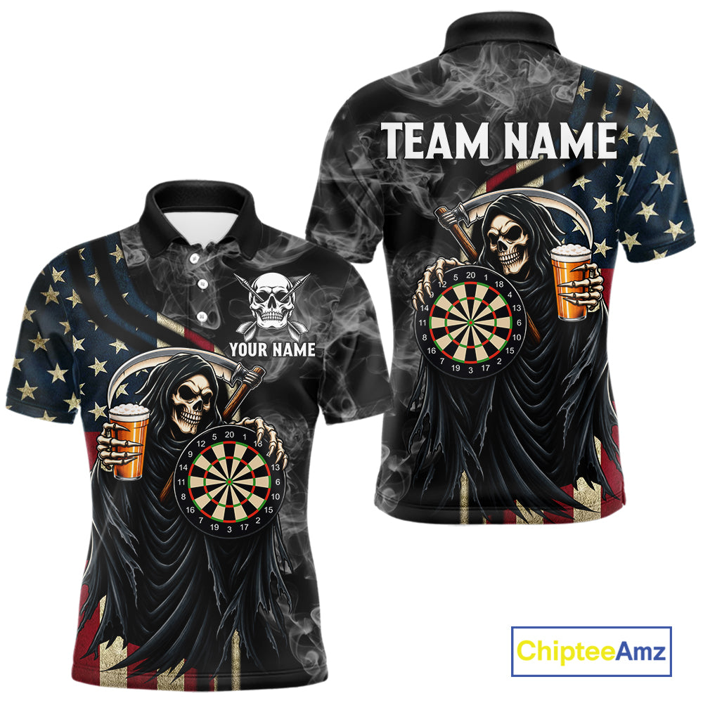 US Flag Grim Reaper Smoke Darts Shirt For Men Custom Beer Darts Team Jersey Polo & 1/4 Zip TDM7971