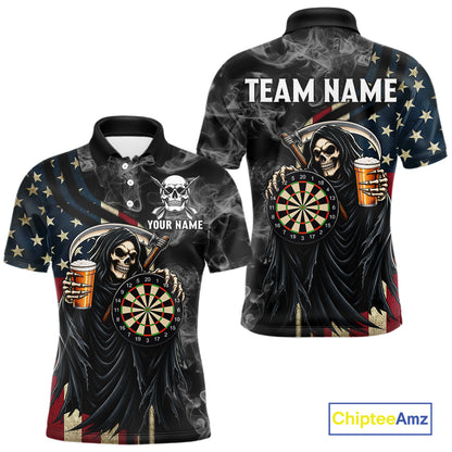 US Flag Grim Reaper Smoke Darts Shirt For Men Custom Beer Darts Team Jersey Polo & 1/4 Zip TDM7971