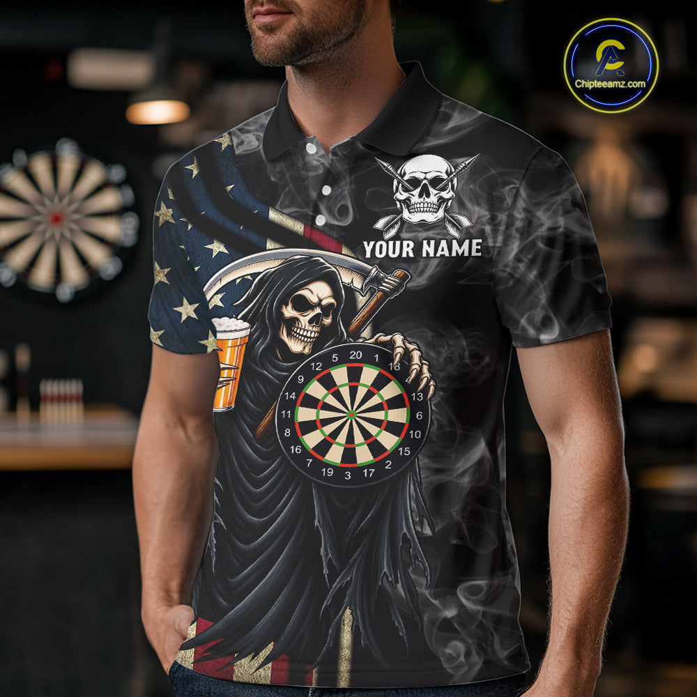 US Flag Grim Reaper Smoke Darts Shirt For Men Custom Beer Darts Team Jersey Polo & 1/4 Zip TDM7971